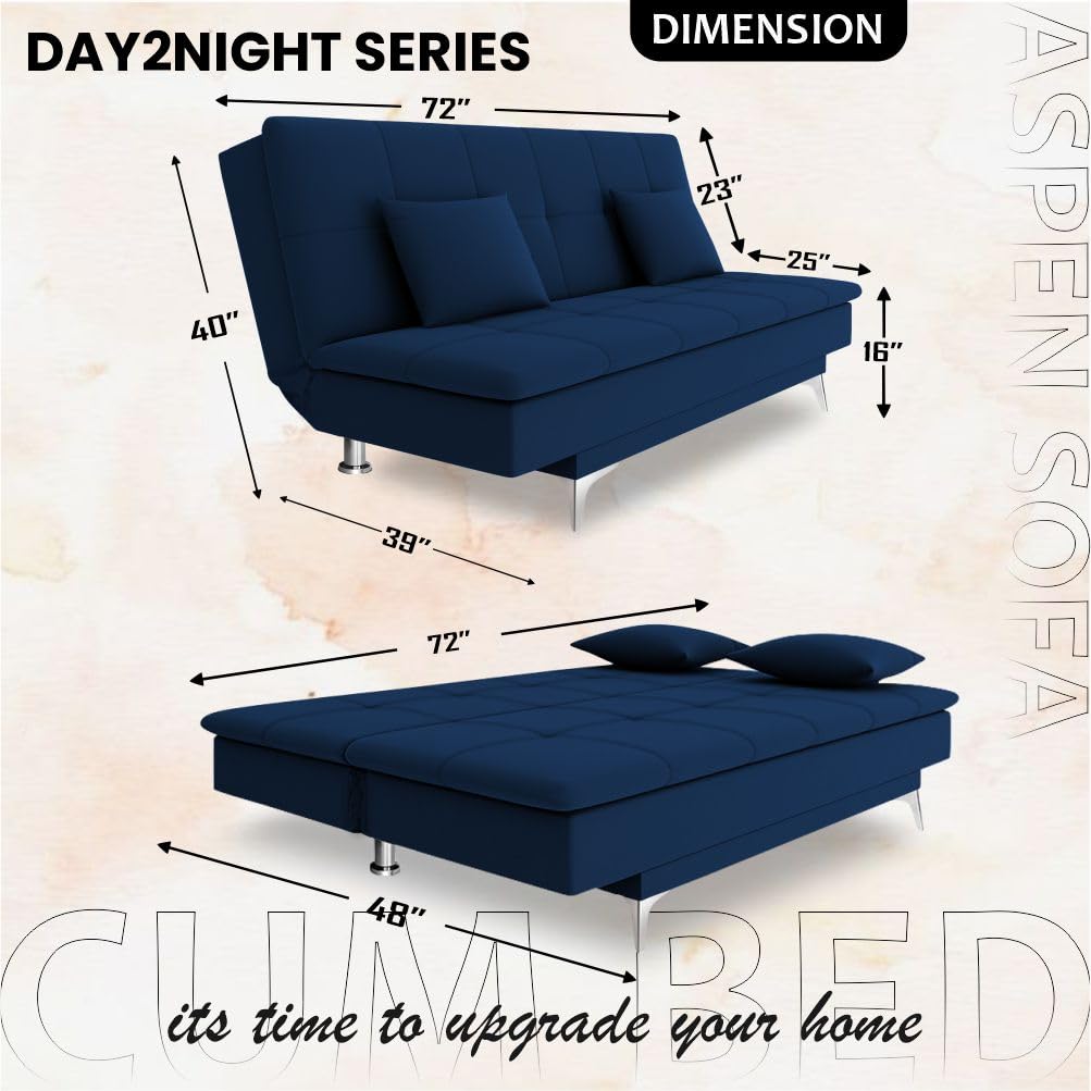 Adorn India Premium New Aspen 3 Seater Sofa Cum Bed 4X6 Velvet Suede with 2 Cushions (Color Blue) and Suitable for All Indoor, with 3 Years Warranty - Image 3