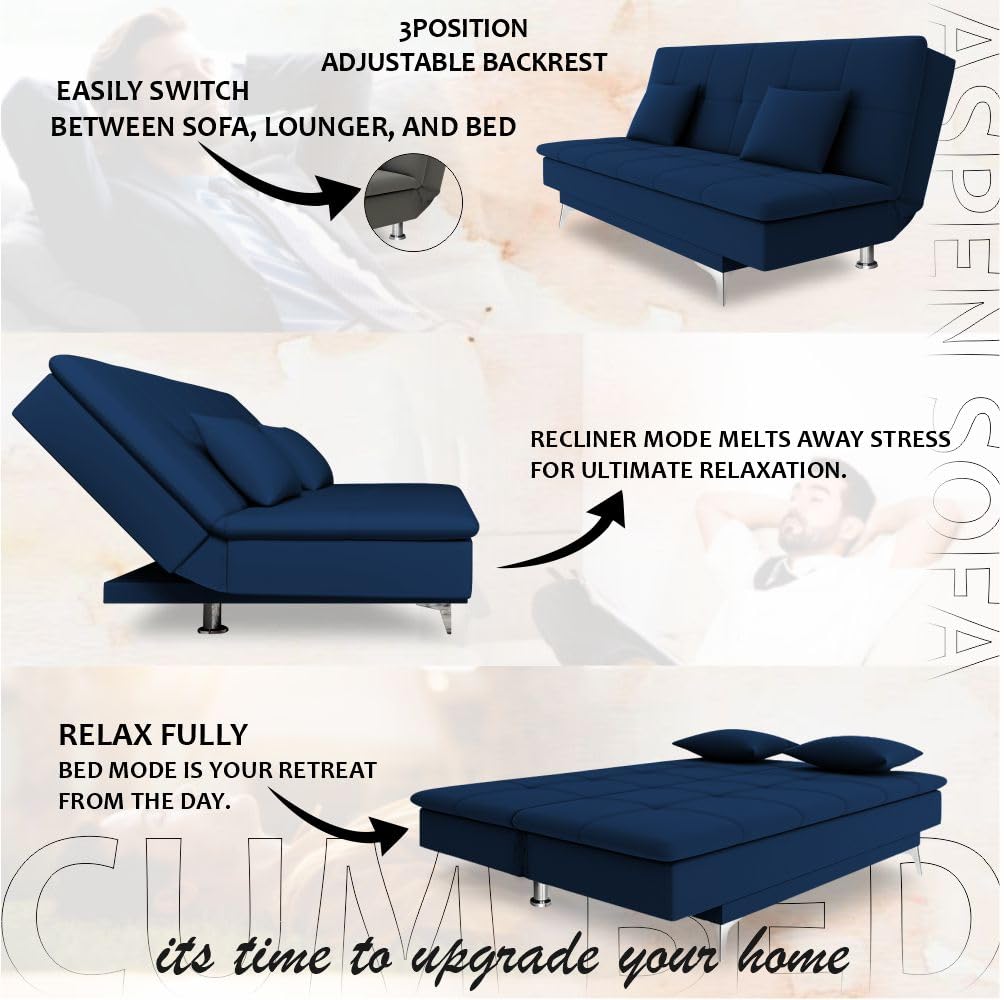 Adorn India Premium New Aspen 3 Seater Sofa Cum Bed 4X6 Velvet Suede with 2 Cushions (Color Blue) and Suitable for All Indoor, with 3 Years Warranty - Image 10