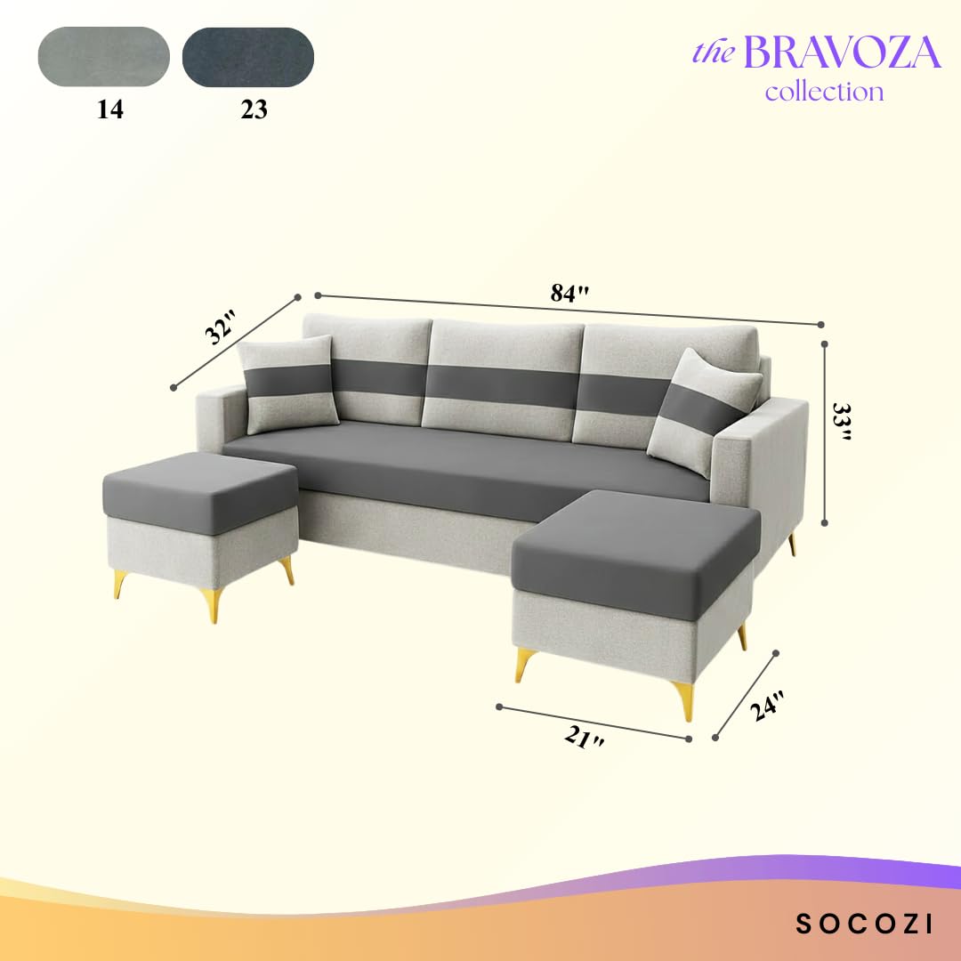 Bastian 3 Seater Modular Sofa Set with 2 Ottoman | Soft Velvet Suede Fabric | Modern Design Sofas for Home | Plush Comfort Cushions for Living Room (Dark Grey-Light Grey) - Image 3