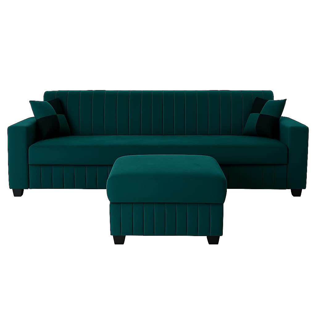 FURNY Gracina 4 Seater Modular Fabric Sofa Set with Ottoman (Greenish Teal) | Premium Velvet Finish | Comfortable & Ideal for Living Room - Image 3
