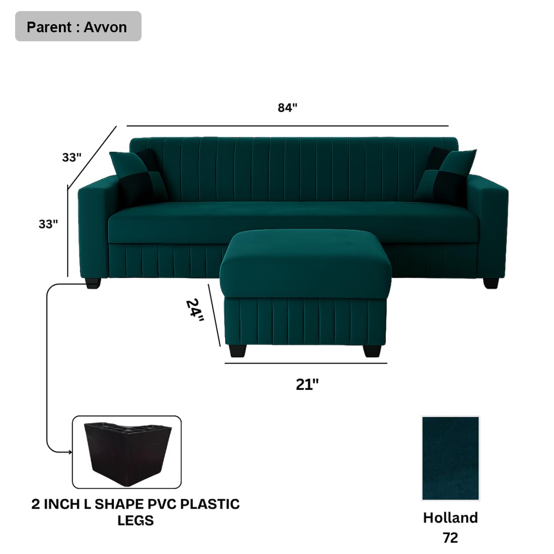 FURNY Gracina 4 Seater Modular Fabric Sofa Set with Ottoman (Greenish Teal) | Premium Velvet Finish | Comfortable & Ideal for Living Room - Image 4