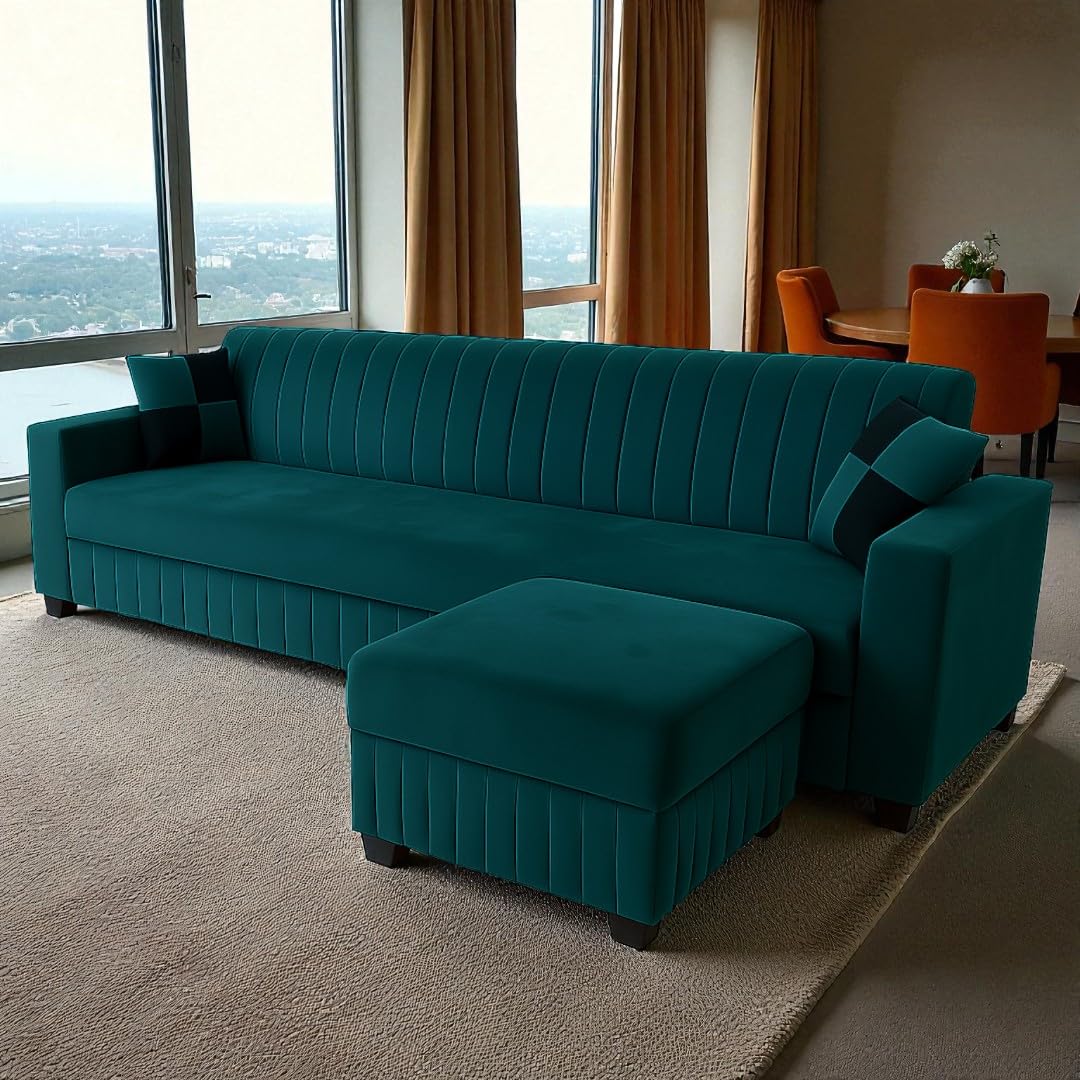 FURNY Gracina 4 Seater Modular Fabric Sofa Set with Ottoman (Greenish Teal) | Premium Velvet Finish | Comfortable & Ideal for Living Room - Image 6