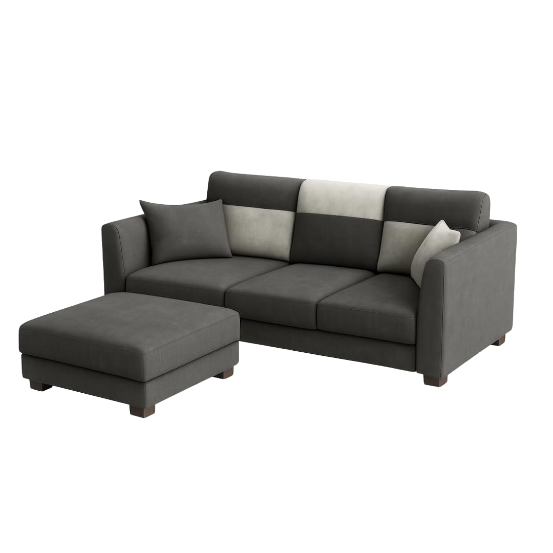 Evanto 3 Seater Modular L Shape Sofa Set with Ottoman | Soft Velvet Suede Fabric | Modern Design | Plush Comfort Cushions for Living Room (Dark Grey-Light Grey) - Image 4