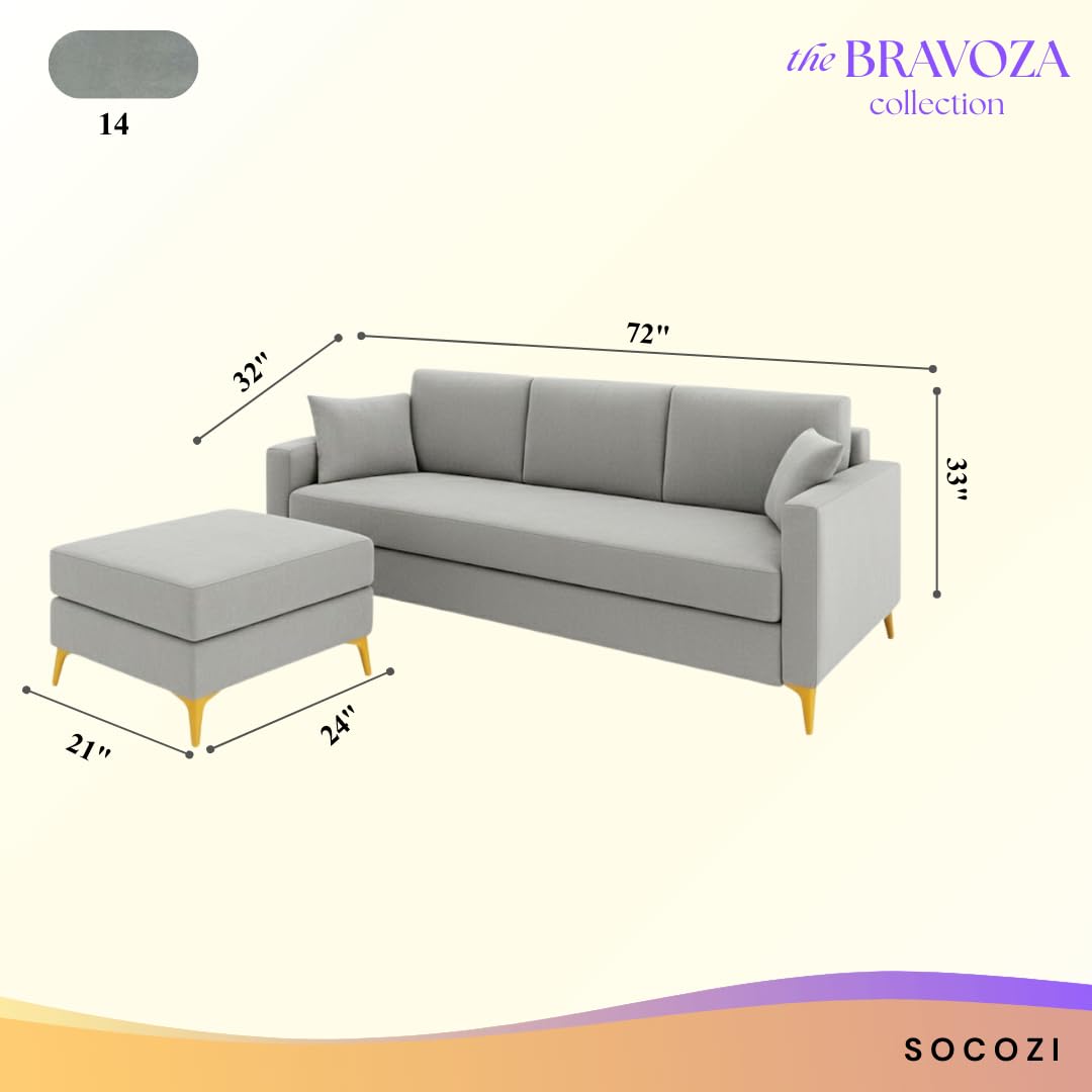 Bravelle 3 Seater Modular Sofa Set with 1 Ottoman | Soft Velvet Suede Fabric | Modern Design Sofas with Golden Legs | Plush Comfort Cushions for Living Room (Light Grey) - Image 3