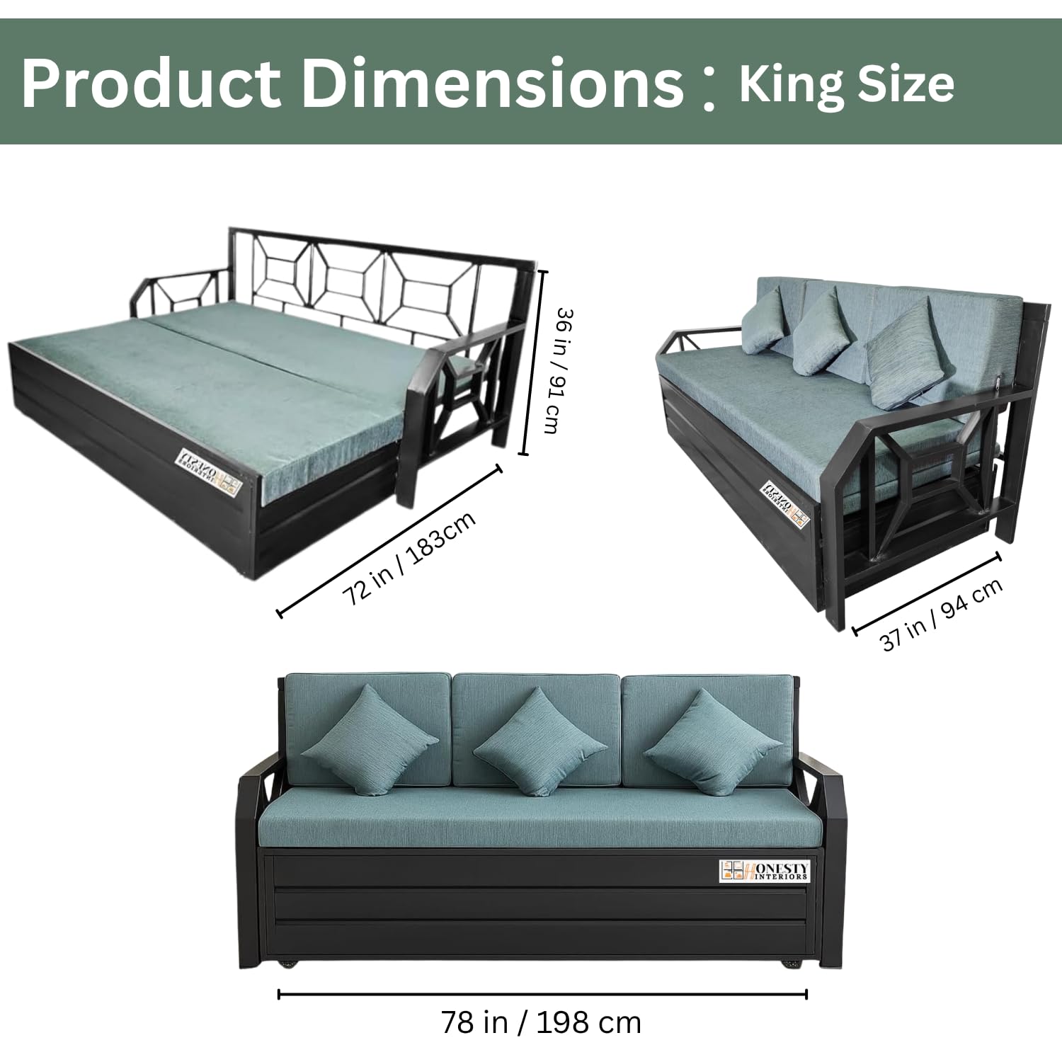 Royal Nest 6x6 King Size Metal Sofa Cum Bed with Hydraulic Storage | Foldable, Heavy-Duty Black Frame with Grey Rebonded Foam Cushion | Space-Saving Furniture for Home - Image 3