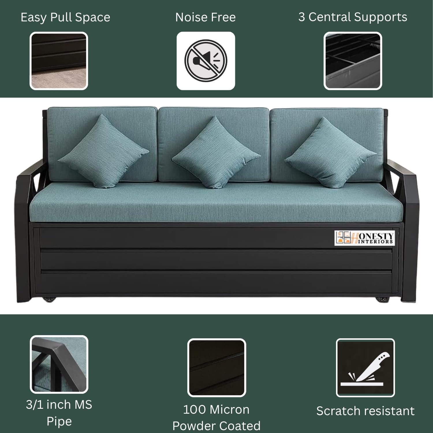 Royal Nest 6x6 King Size Metal Sofa Cum Bed with Hydraulic Storage | Foldable, Heavy-Duty Black Frame with Grey Rebonded Foam Cushion | Space-Saving Furniture for Home - Image 4