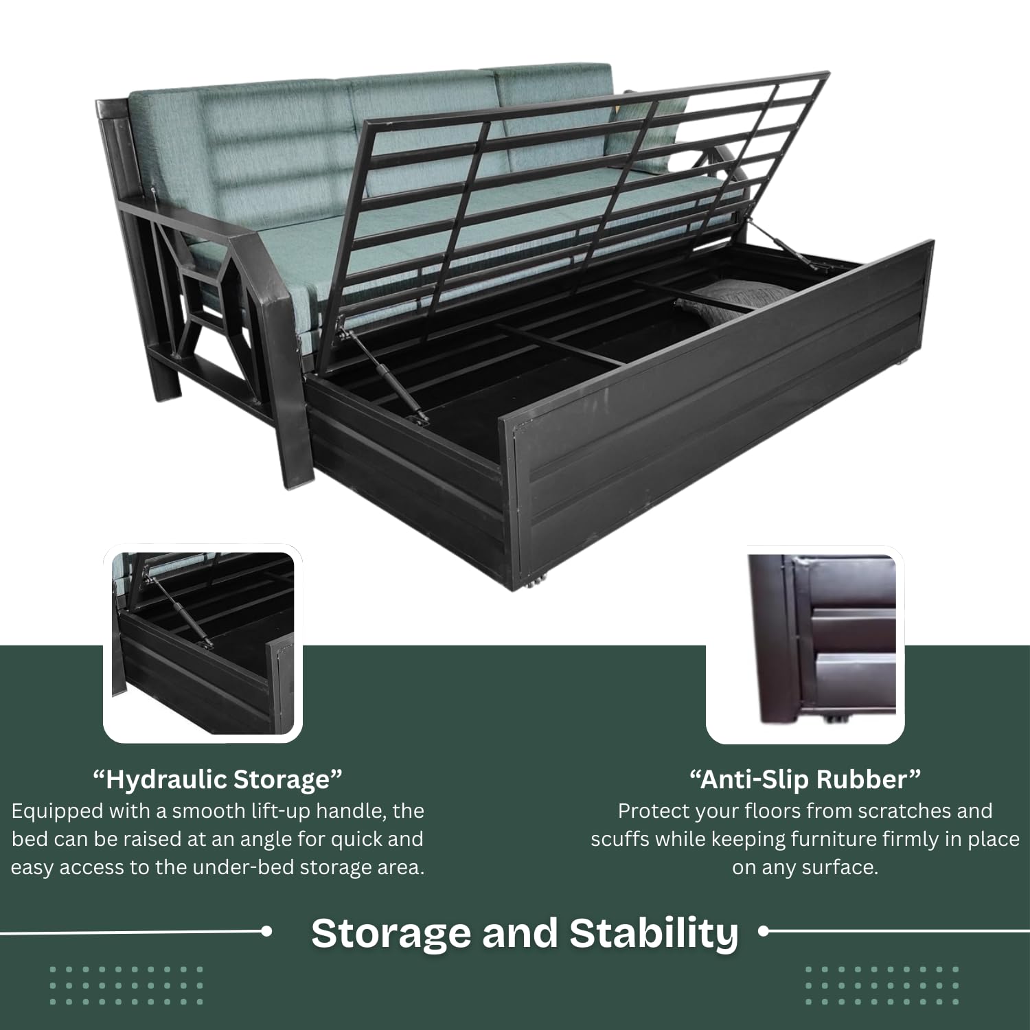 Royal Nest 6x6 King Size Metal Sofa Cum Bed with Hydraulic Storage | Foldable, Heavy-Duty Black Frame with Grey Rebonded Foam Cushion | Space-Saving Furniture for Home - Image 5