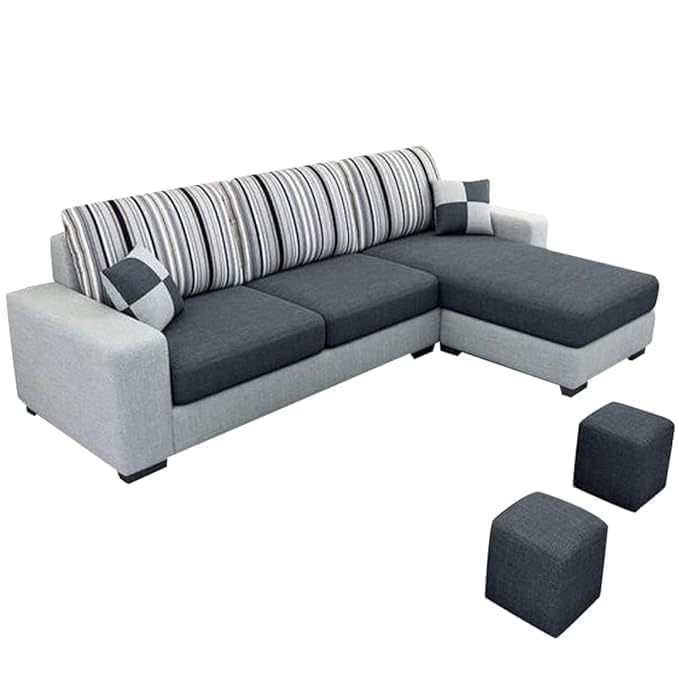 FURNY Lunoy 4 Seater Fabric RHS L Shape Sectional Sofa Set with 2 Puffy (Dark Grey-Light Grey Color) - Image 3