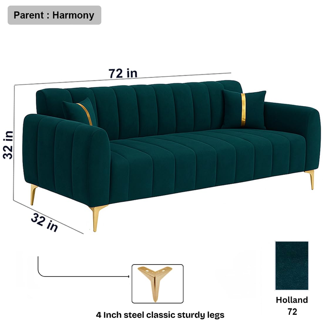FURNY Harmony 3 Seater Velvet Fabric Sofa Set (Greenish Teal) with Golden Finish Legs | Durable & Comfortable | Ideal for Living Room - Image 3