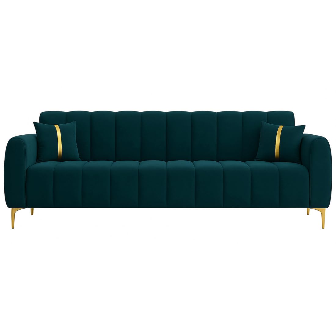 FURNY Harmony 3 Seater Velvet Fabric Sofa Set (Greenish Teal) with Golden Finish Legs | Durable & Comfortable | Ideal for Living Room - Image 4