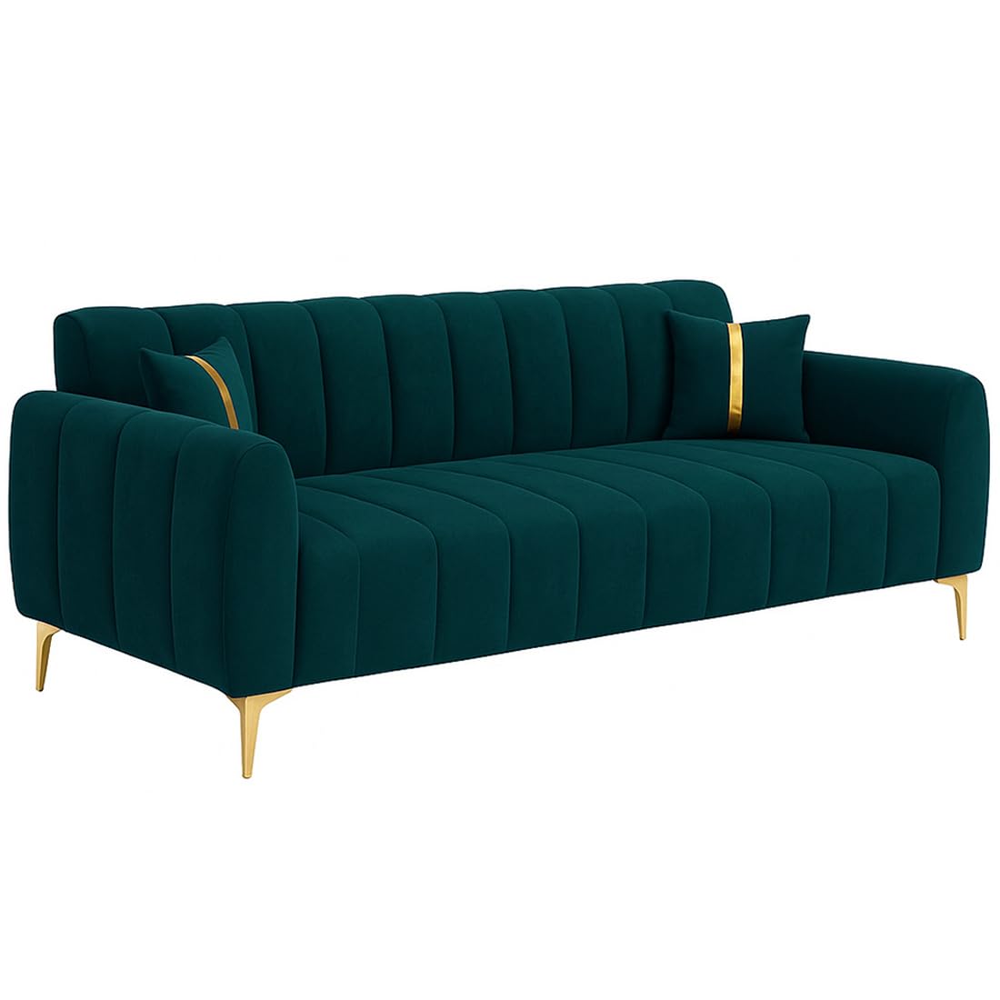 FURNY Harmony 3 Seater Velvet Fabric Sofa Set (Greenish Teal) with Golden Finish Legs | Durable & Comfortable | Ideal for Living Room - Image 5