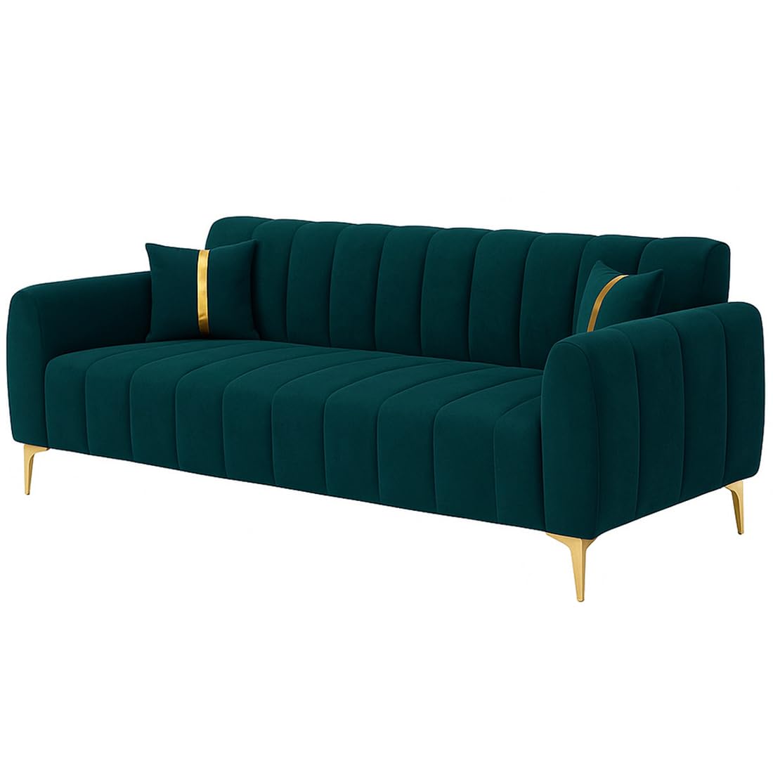 FURNY Harmony 3 Seater Velvet Fabric Sofa Set (Greenish Teal) with Golden Finish Legs | Durable & Comfortable | Ideal for Living Room - Image 6