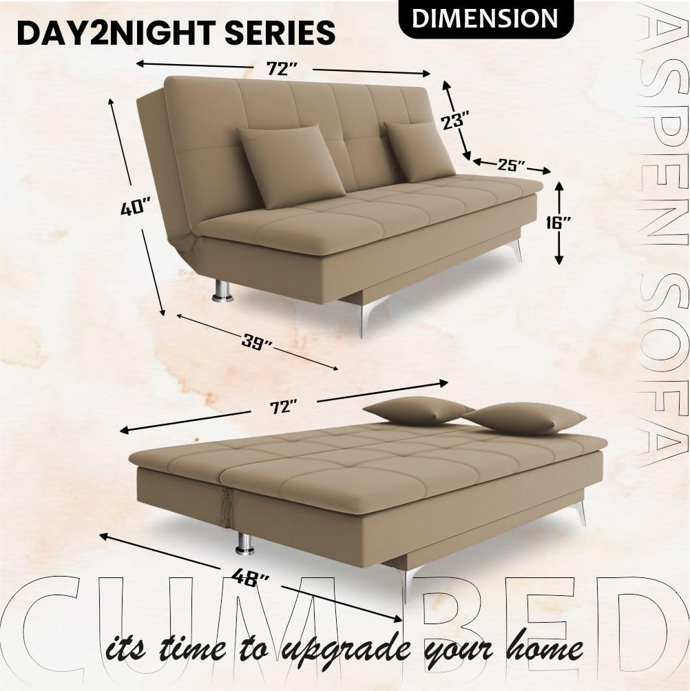 Adorn India Premium New Aspen 3 Seater Sofa Cum Bed 4X6 Velvet Suede with 2 Cushions (Color Camel) and Suitable for All Indoor, with 3 Years Warranty - Image 3