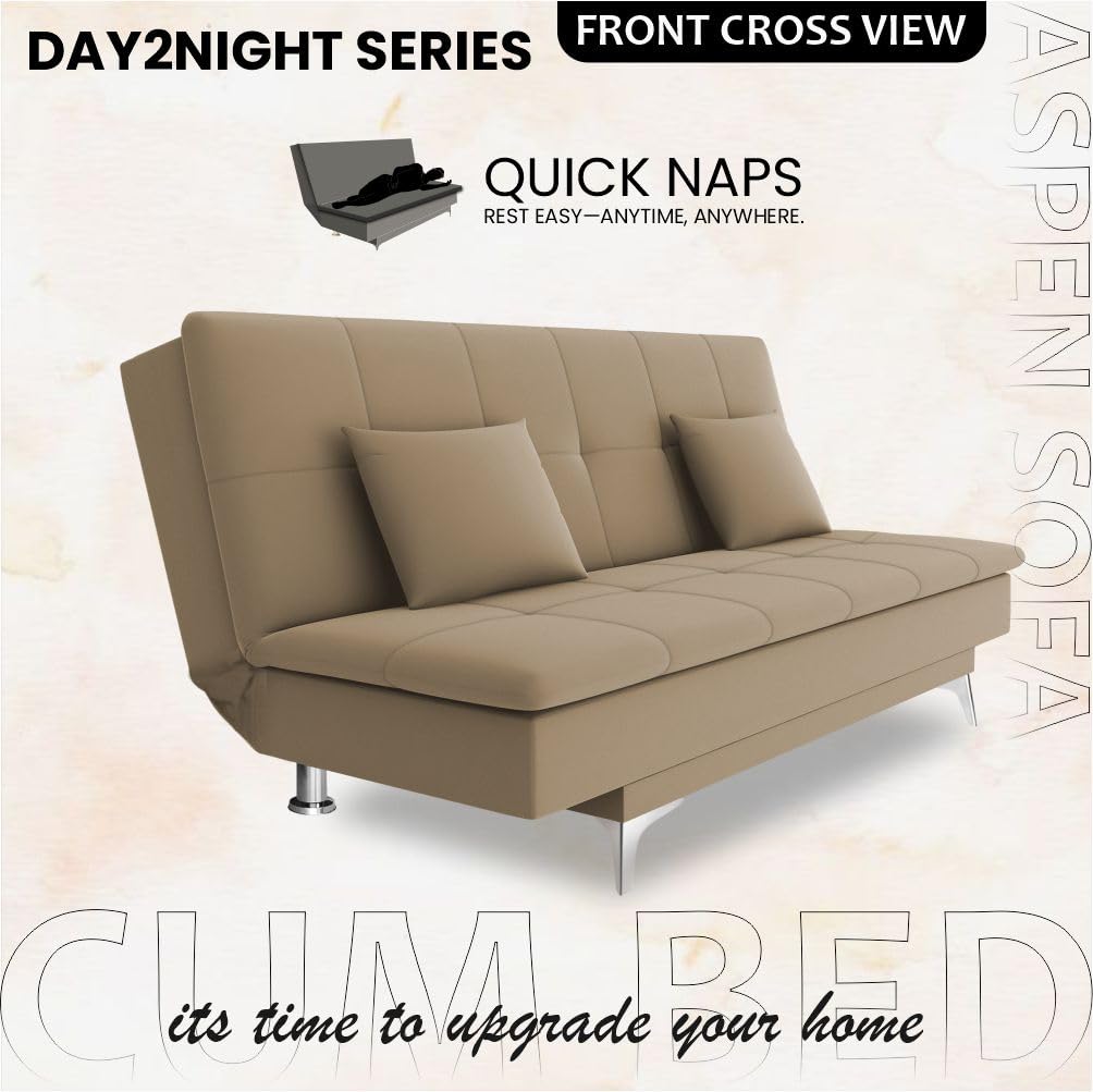 Adorn India Premium New Aspen 3 Seater Sofa Cum Bed 4X6 Velvet Suede with 2 Cushions (Color Camel) and Suitable for All Indoor, with 3 Years Warranty - Image 4