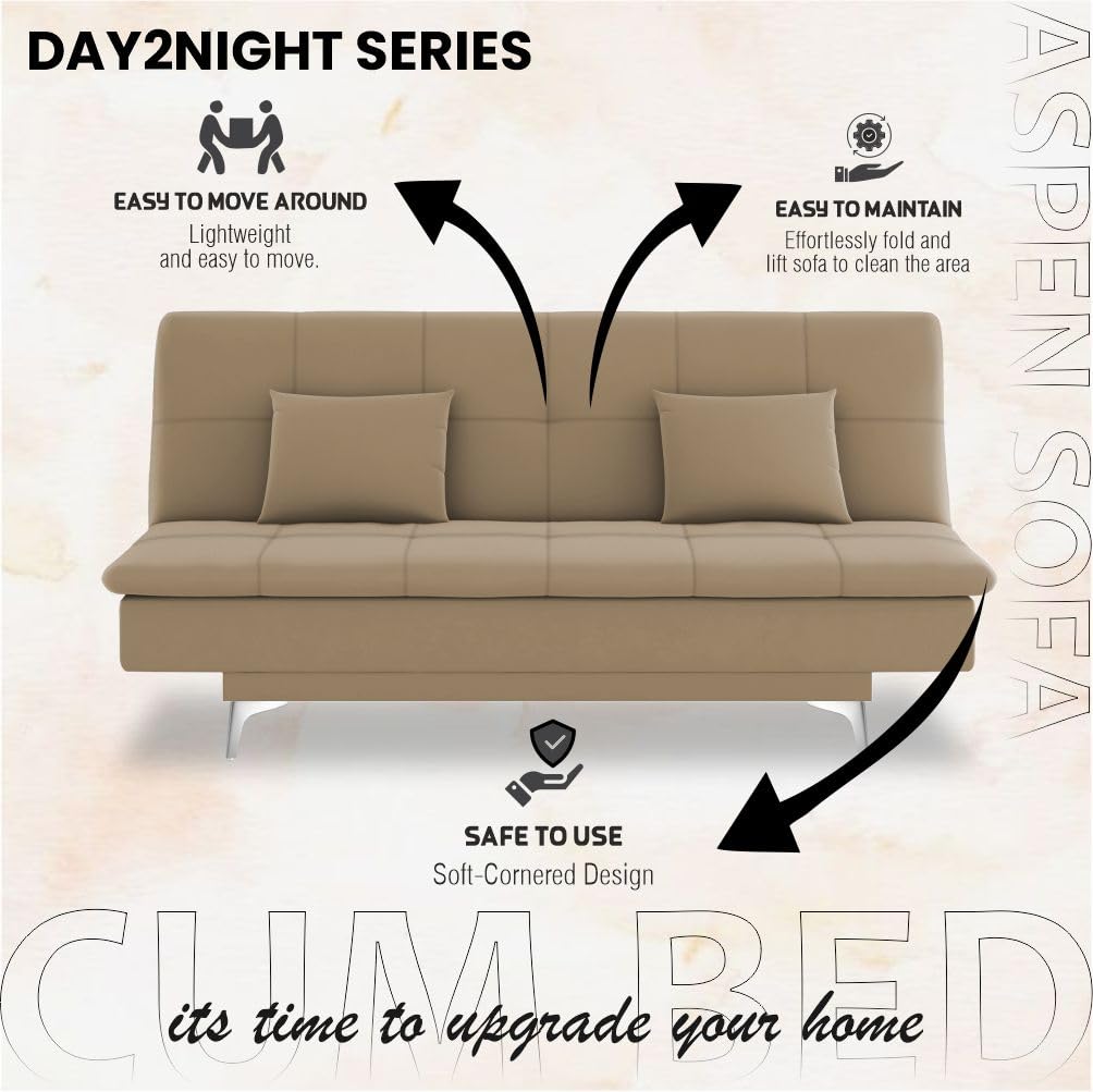 Adorn India Premium New Aspen 3 Seater Sofa Cum Bed 4X6 Velvet Suede with 2 Cushions (Color Camel) and Suitable for All Indoor, with 3 Years Warranty - Image 10