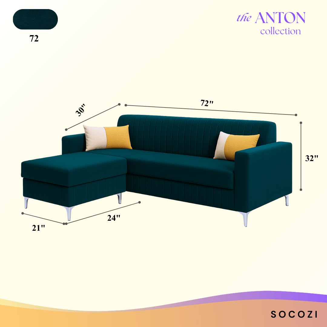 Anton 3 Seater Modular L Shape Sofa Set with Ottoman | Soft Velvet Suede Fabric | Modern Design | Plush Comfort Cushions for Living Room (Greenish Teal) - Image 3