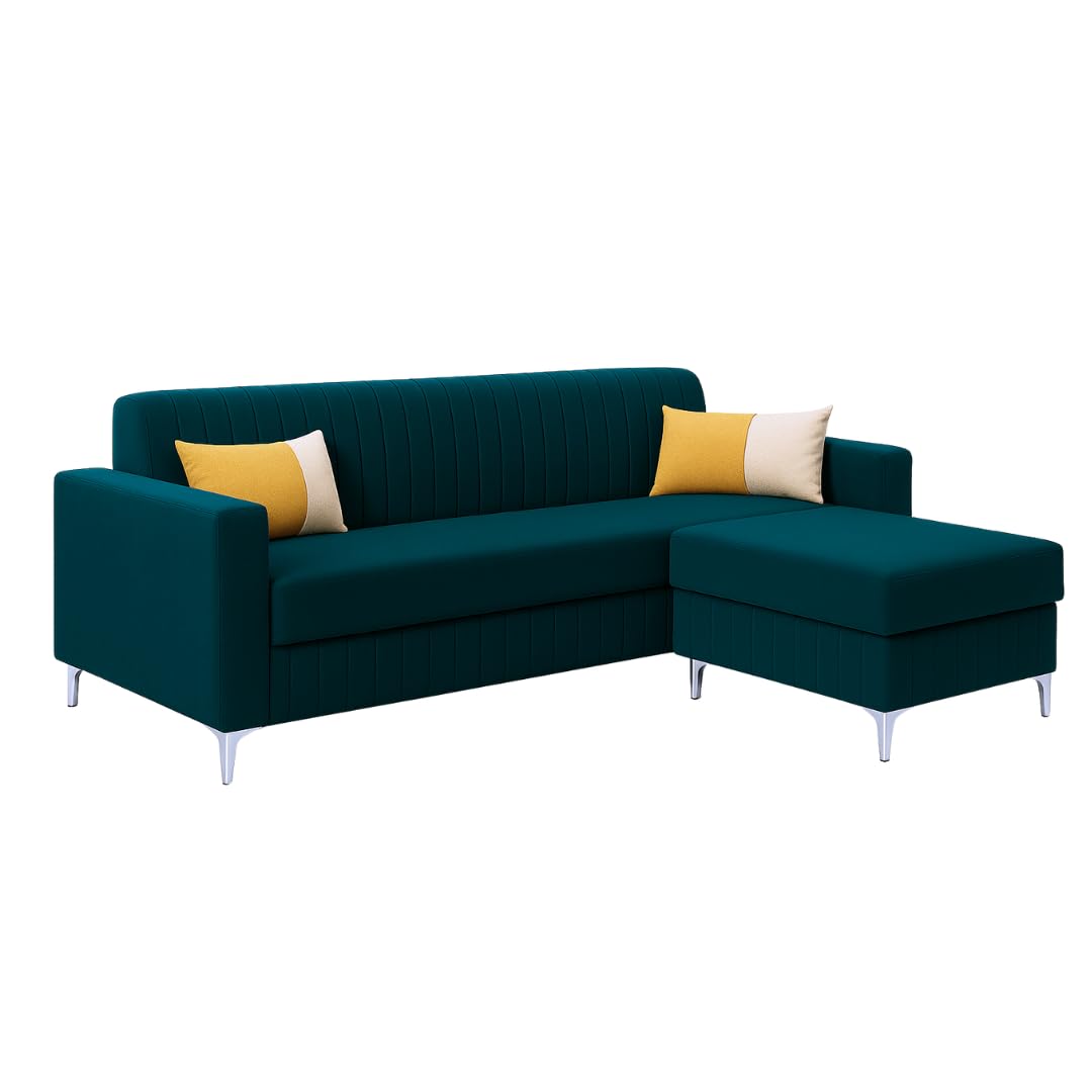 Anton 3 Seater Modular L Shape Sofa Set with Ottoman | Soft Velvet Suede Fabric | Modern Design | Plush Comfort Cushions for Living Room (Greenish Teal) - Image 6