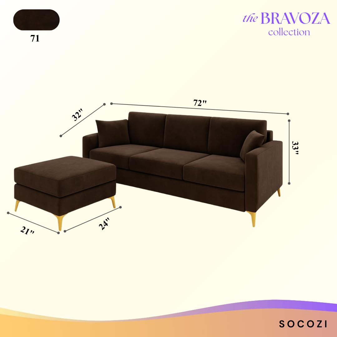 Bravelle 3 Seater Modular Sofa Set with 1 Ottoman | Soft Velvet Suede Fabric | Modern Design Sofas with Golden Legs | Plush Comfort Cushions for Living Room (Dark Brown) - Image 3