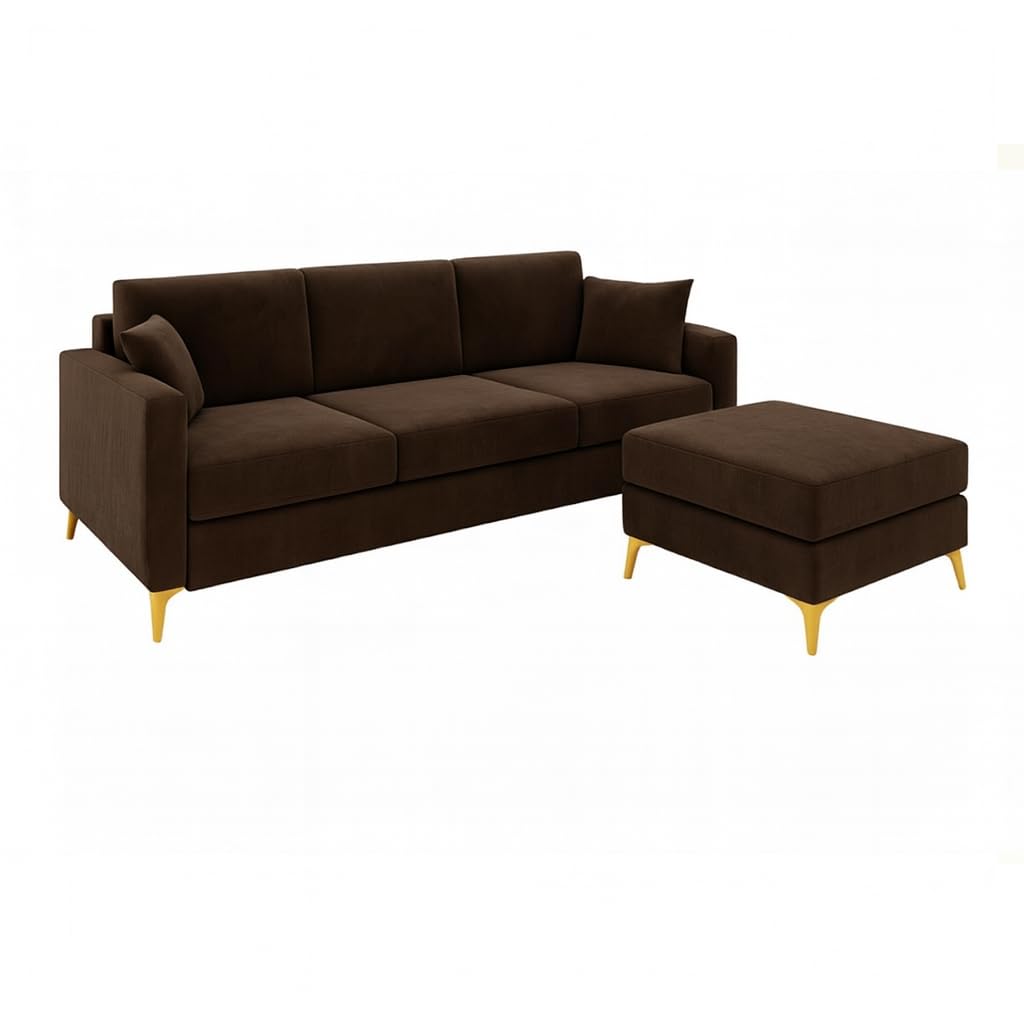 Bravelle 3 Seater Modular Sofa Set with 1 Ottoman | Soft Velvet Suede Fabric | Modern Design Sofas with Golden Legs | Plush Comfort Cushions for Living Room (Dark Brown) - Image 4