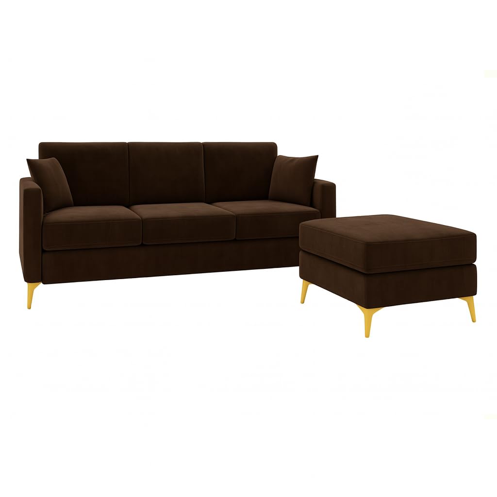 Bravelle 3 Seater Modular Sofa Set with 1 Ottoman | Soft Velvet Suede Fabric | Modern Design Sofas with Golden Legs | Plush Comfort Cushions for Living Room (Dark Brown) - Image 6