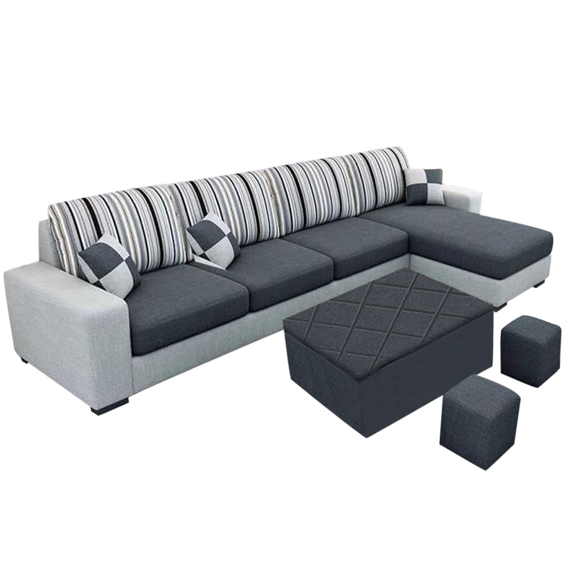 FURNY -Lunoy 8 Seater Fabric RHS L Shape Sofa Set with 1 Centre Table & 2 Puffy (Dark Grey-Light Grey) - Image 4