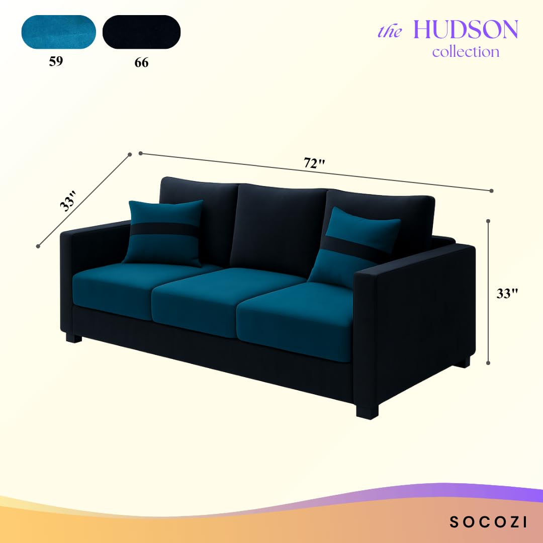 Hudson 3-Seater Sofa Set | Soft Velvet Suede Fabric | Modern Design | Plush Comfort Cushions for Living Room (Aqua Blue-Black) - Image 3