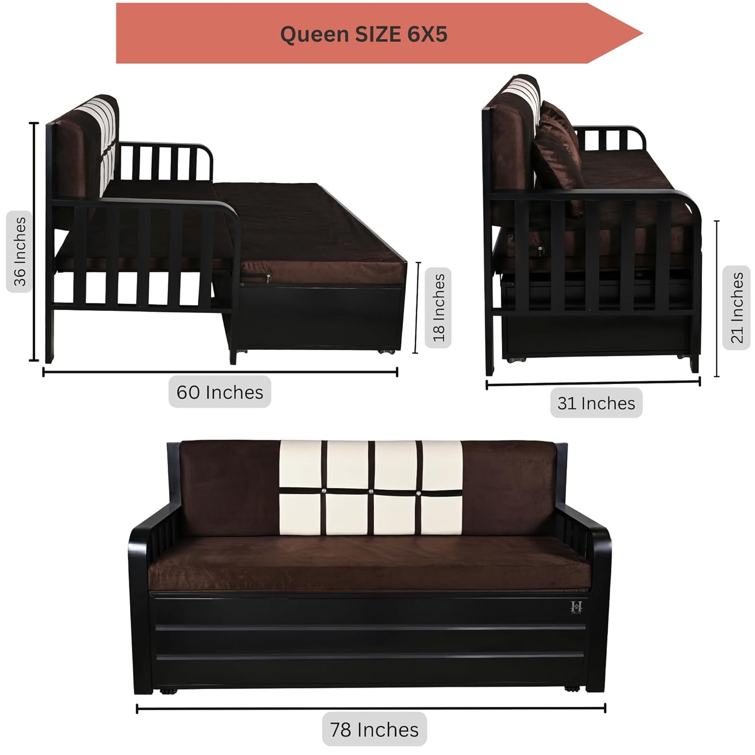 Furniture Premium Etrica Metal Sofa Bed with Hydraulic Storage – 3 Seater Sofa with Cushions, Modern Living Room Sofa Set - Black Matte (Queen Size (6X5)) - Image 3