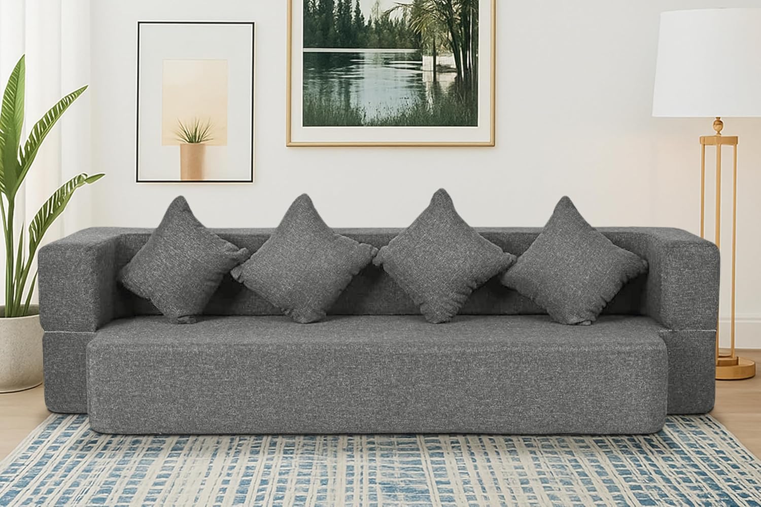 C-Type Sofa Cum Bed 3-Seater Convertible Jute Fabric Sofa with Cushions, Modern Space-Saving Design for Living Room & Guest Room (Grey) - Image 4