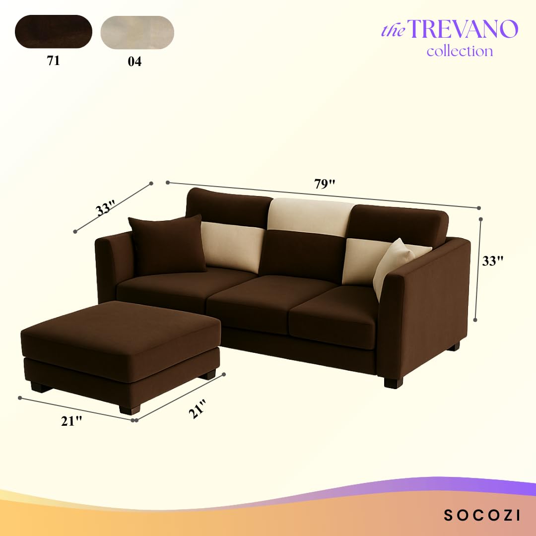 Evanto 3 Seater Modular L Shape Sofa Set with Ottoman | Soft Velvet Suede Fabric | Modern Design | Plush Comfort Cushions for Living Room (Dark Brown-Cream) - Image 3