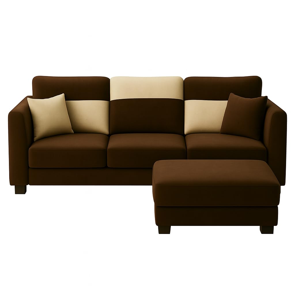 Evanto 3 Seater Modular L Shape Sofa Set with Ottoman | Soft Velvet Suede Fabric | Modern Design | Plush Comfort Cushions for Living Room (Dark Brown-Cream) - Image 4