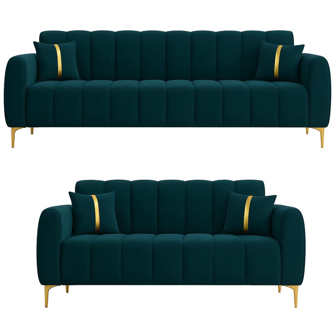 FURNY Harmony 5 Seater Velvet Fabric 3+2 Sofa Set (Greenish Teal) with Golden Finish Legs | Durable & Comfortable | Ideal for Living Room - Image 3