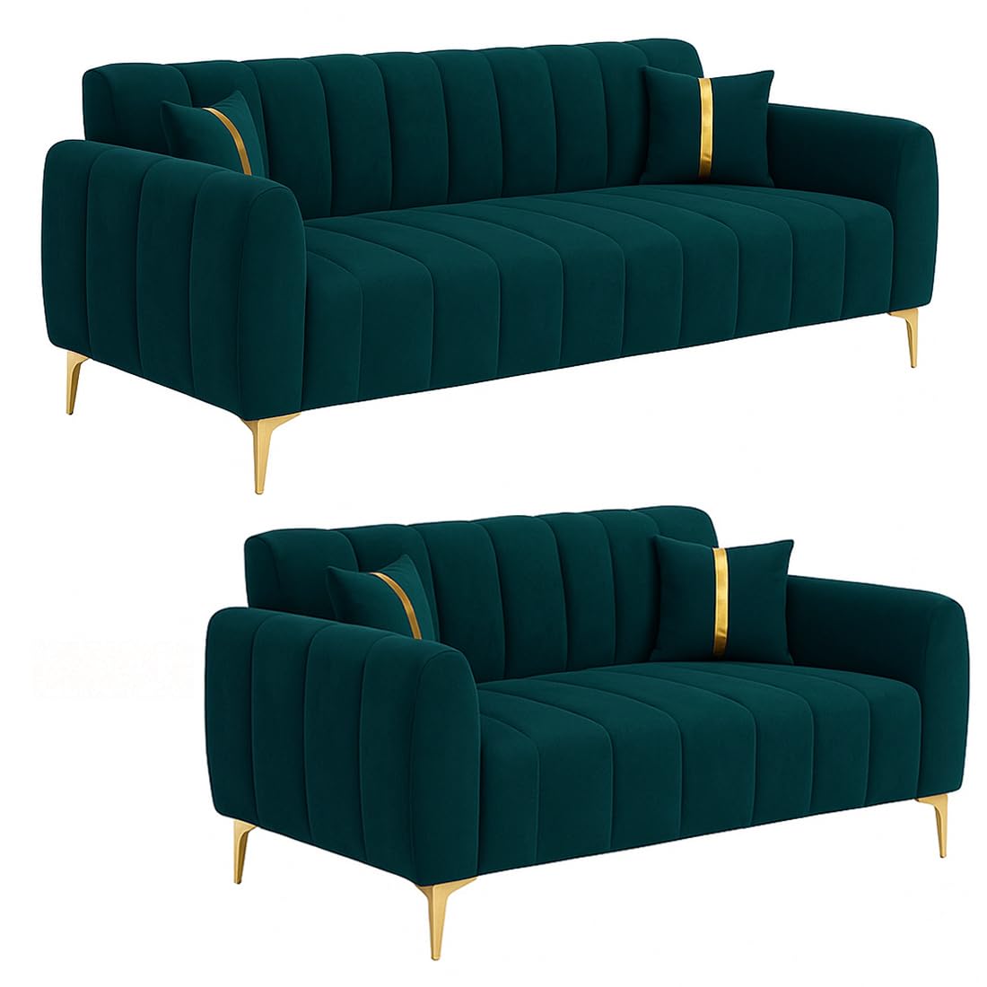 FURNY Harmony 5 Seater Velvet Fabric 3+2 Sofa Set (Greenish Teal) with Golden Finish Legs | Durable & Comfortable | Ideal for Living Room - Image 5