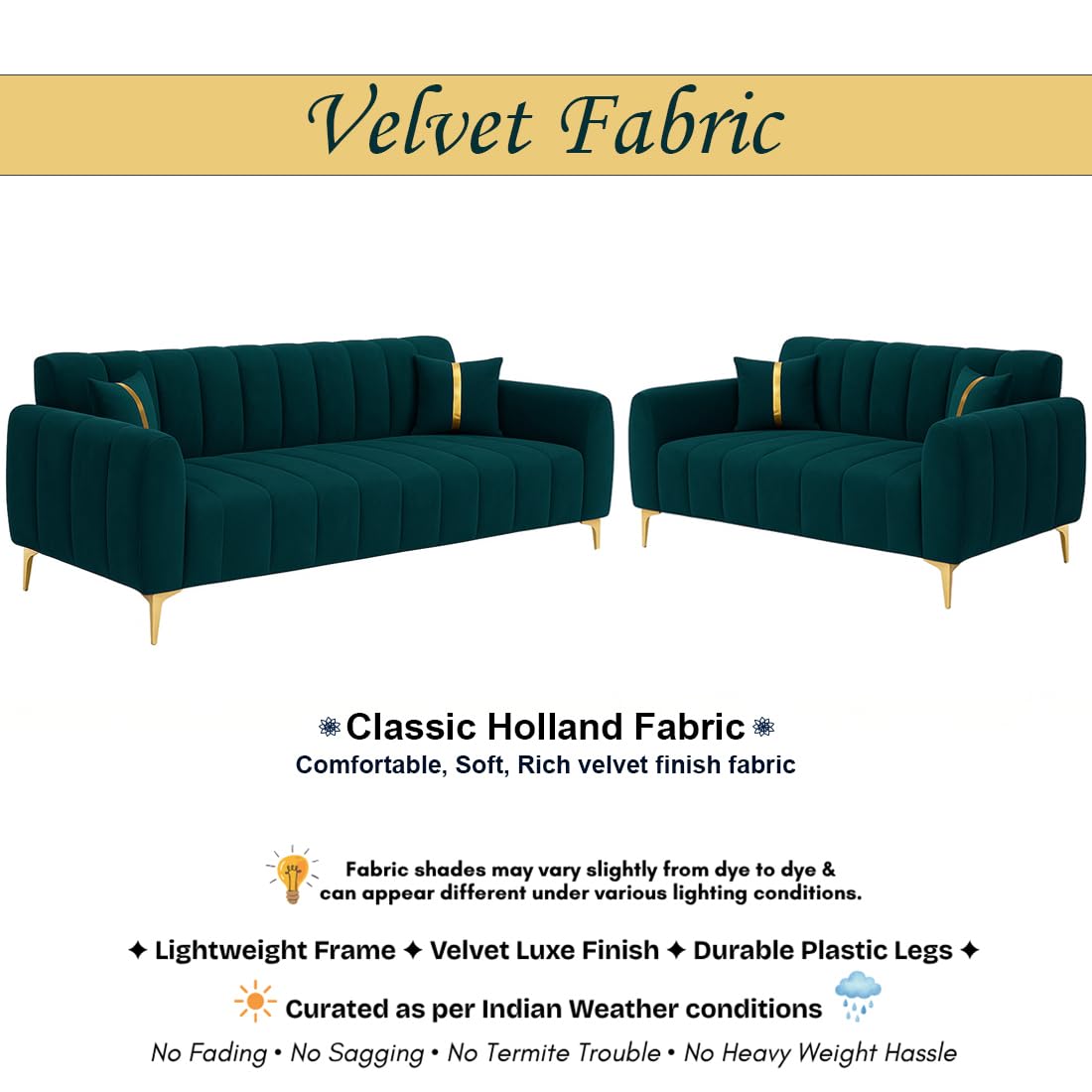 FURNY Harmony 5 Seater Velvet Fabric 3+2 Sofa Set (Greenish Teal) with Golden Finish Legs | Durable & Comfortable | Ideal for Living Room - Image 6