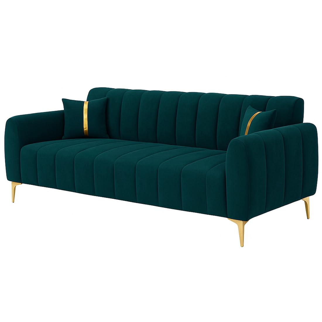 FURNY Harmony 5 Seater Velvet Fabric 3+2 Sofa Set (Greenish Teal) with Golden Finish Legs | Durable & Comfortable | Ideal for Living Room - Image 7