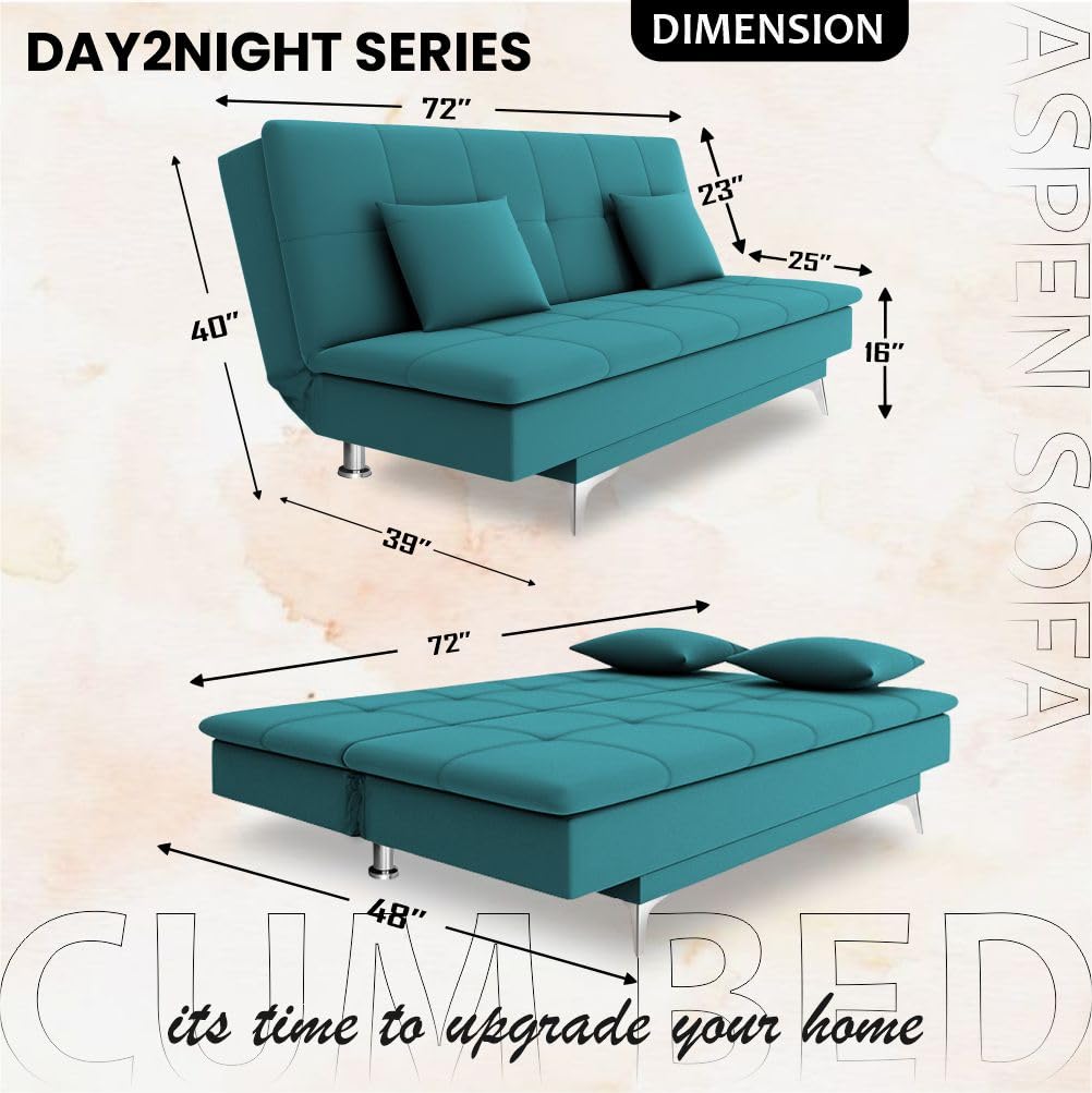 Adorn India Premium New Aspen 3 Seater Sofa Cum Bed 4X6 Velvet Suede with 2 Cushions (Color Aqua Blue) and Suitable for All Indoor, with 3 Years Warranty - Image 3