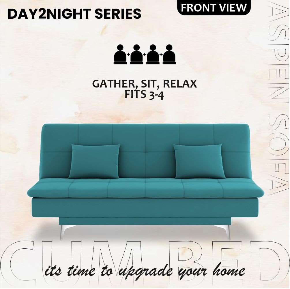 Adorn India Premium New Aspen 3 Seater Sofa Cum Bed 4X6 Velvet Suede with 2 Cushions (Color Aqua Blue) and Suitable for All Indoor, with 3 Years Warranty - Image 4