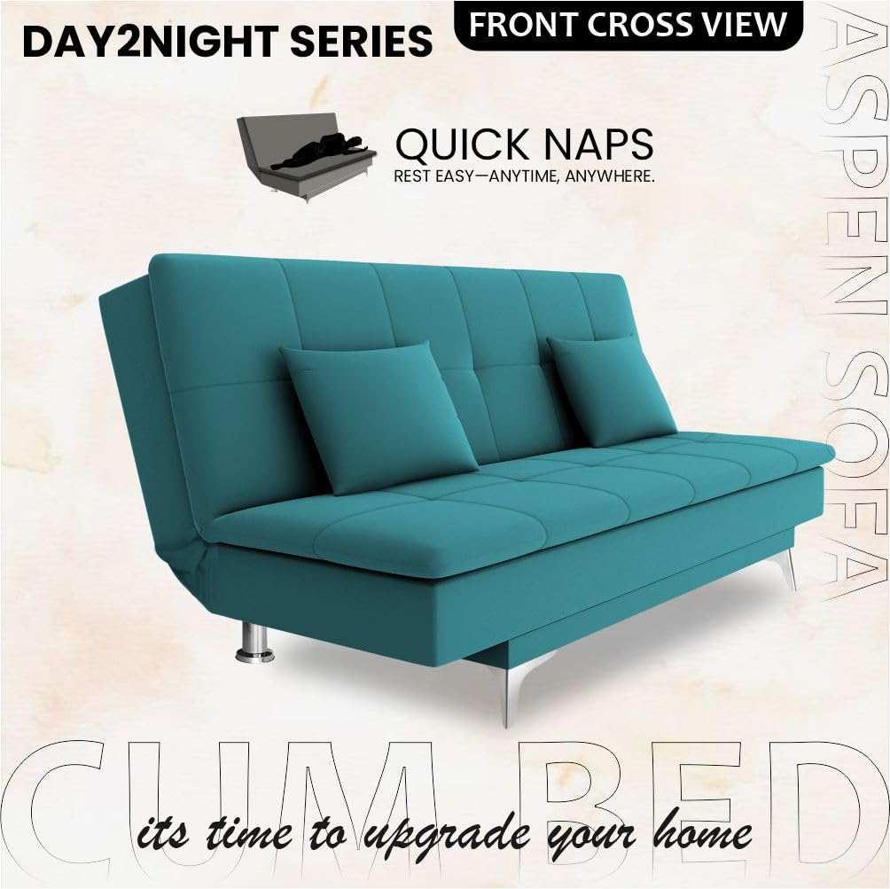 Adorn India Premium New Aspen 3 Seater Sofa Cum Bed 4X6 Velvet Suede with 2 Cushions (Color Aqua Blue) and Suitable for All Indoor, with 3 Years Warranty - Image 5