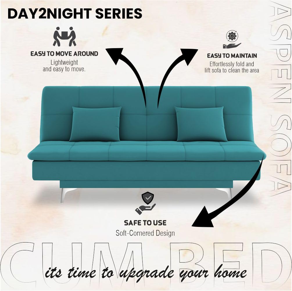 Adorn India Premium New Aspen 3 Seater Sofa Cum Bed 4X6 Velvet Suede with 2 Cushions (Color Aqua Blue) and Suitable for All Indoor, with 3 Years Warranty - Image 10