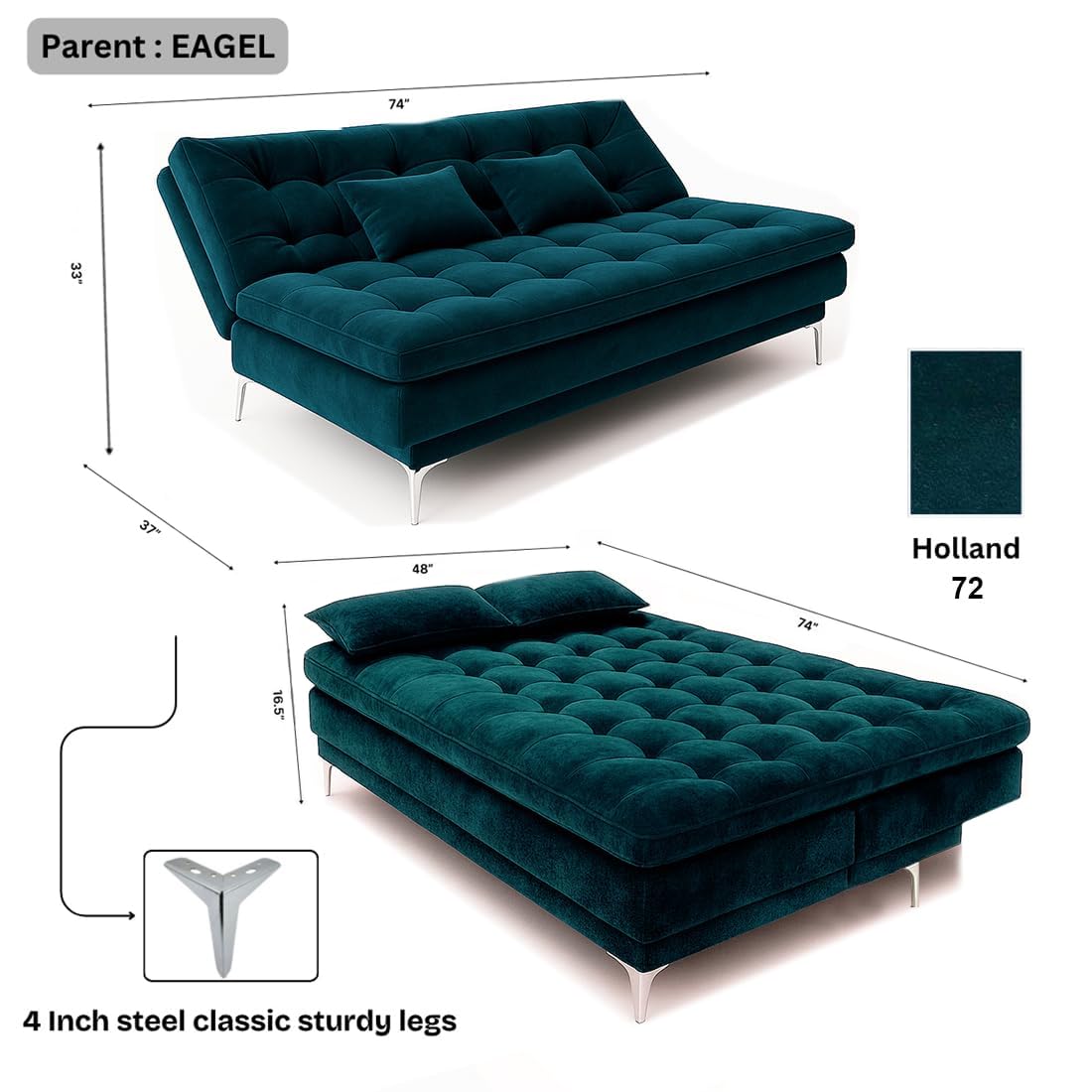 FURNY Eagel 3 Seater Fabric Sofa Cum Bed with 2 Cushions (Greenish Teal) with Velvet Fabric | Durable with Comfort | Perfect for Living Room, Bedrooms, Offices - Image 3