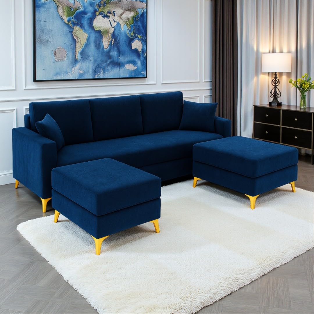 Bravelle 3 Seater Modular Sofa Set with 2 Ottoman | Soft Velvet Suede Fabric | Modern Design | Plush Comfort Cushions for Living Room (Dark Blue) - Image 3