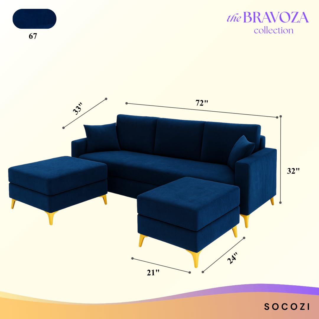 Bravelle 3 Seater Modular Sofa Set with 2 Ottoman | Soft Velvet Suede Fabric | Modern Design | Plush Comfort Cushions for Living Room (Dark Blue) - Image 4