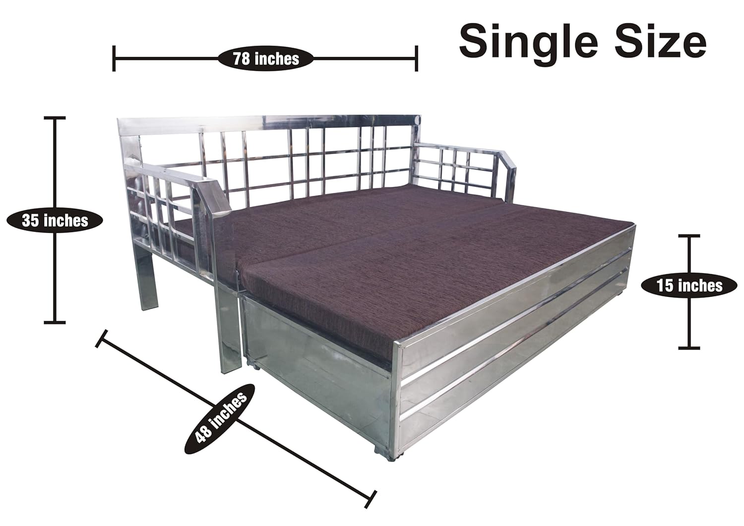 Shree ASHAPURA Steel Furniture Steel Sofa Cum Bed with Hydraulic Storage - Silver Color (Stainless Stee Finish) :Mattres Colour -Brown (Single (6 x 4)) - Image 3