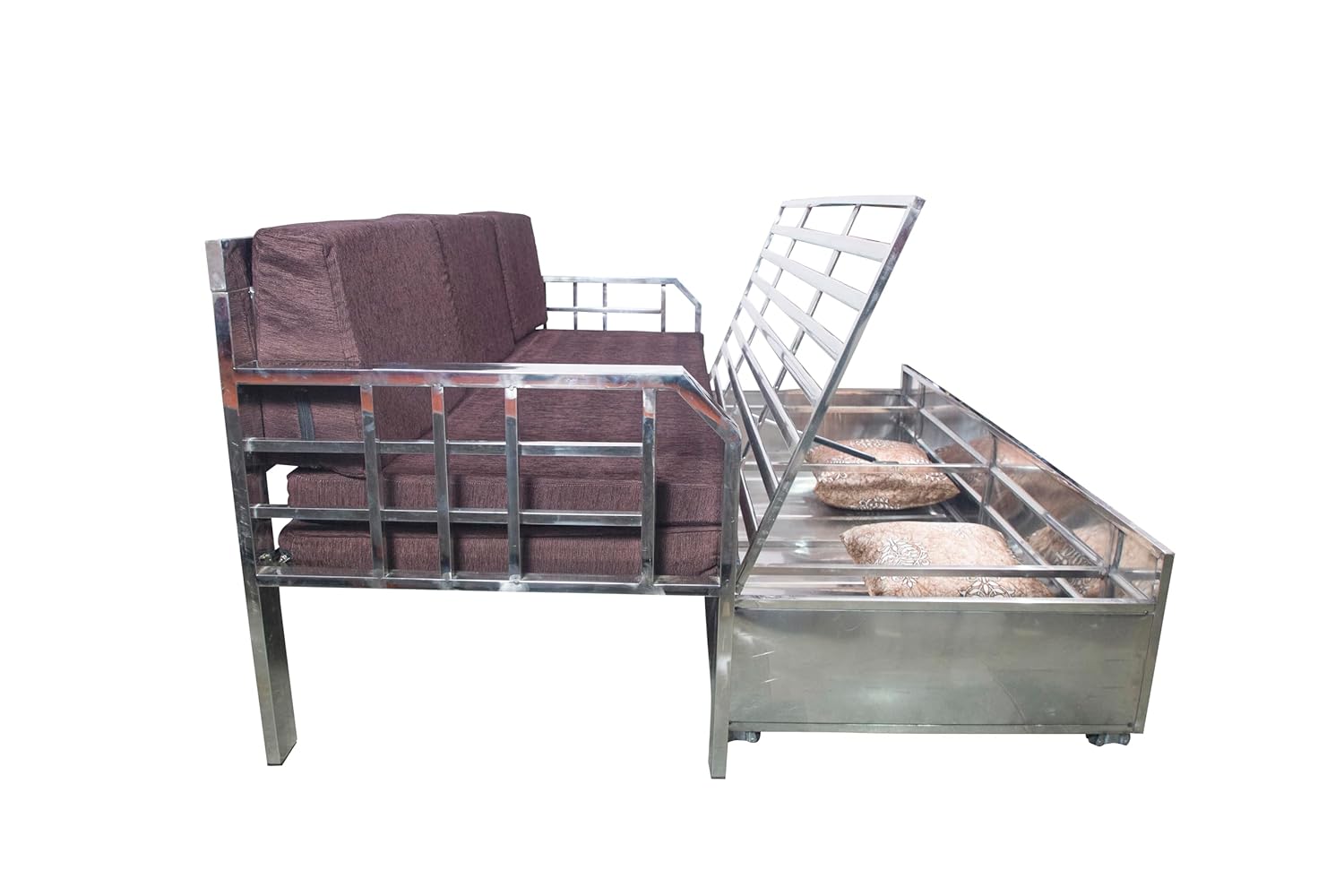 Shree ASHAPURA Steel Furniture Steel Sofa Cum Bed with Hydraulic Storage - Silver Color (Stainless Stee Finish) :Mattres Colour -Brown (Single (6 x 4)) - Image 6