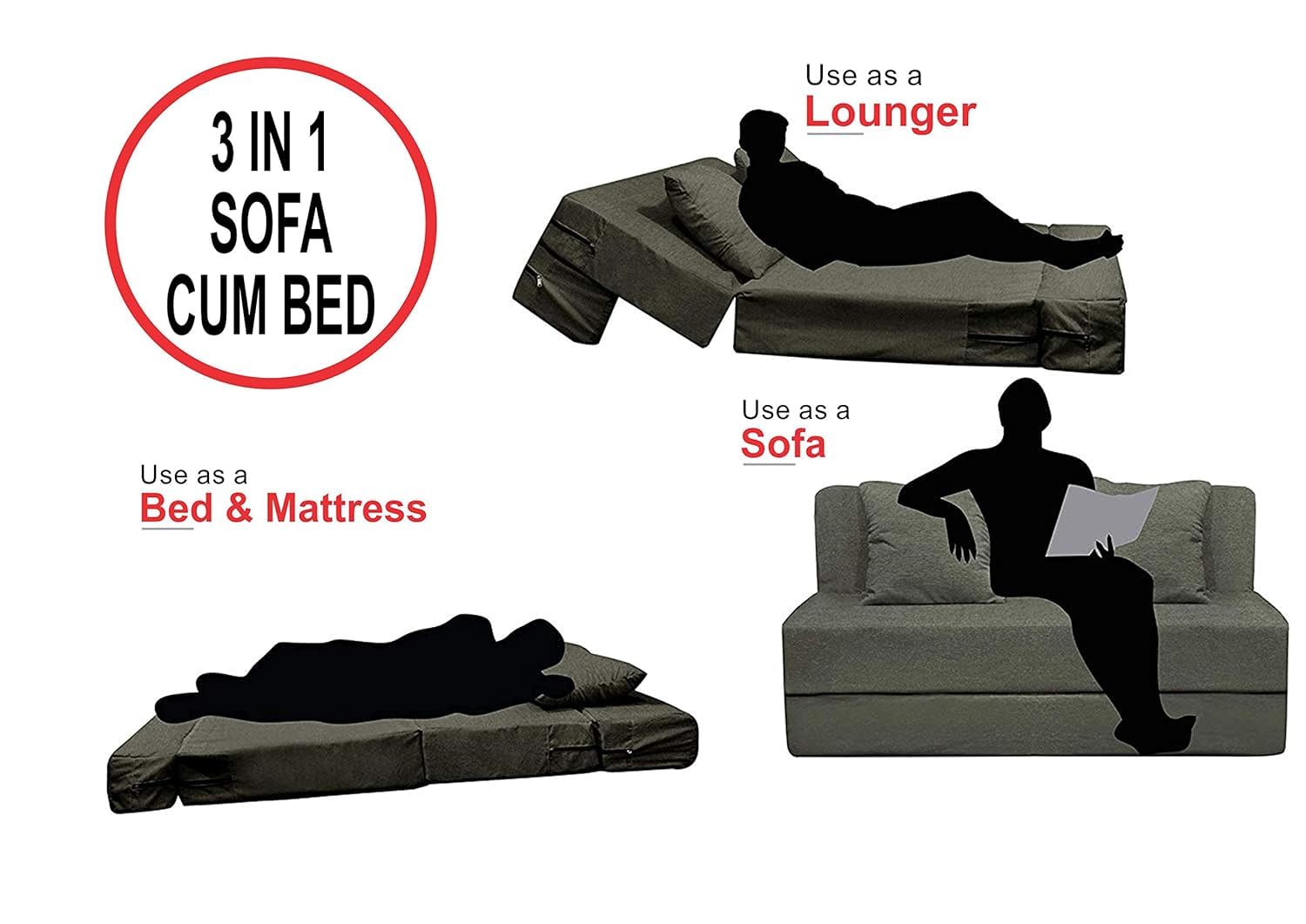 PUM PUM EPE Foam 2-Seater Sofa Cum Bed – 36 Inch Width, Convertible Design, Lightweight & Foldable (Grey) - Image 4