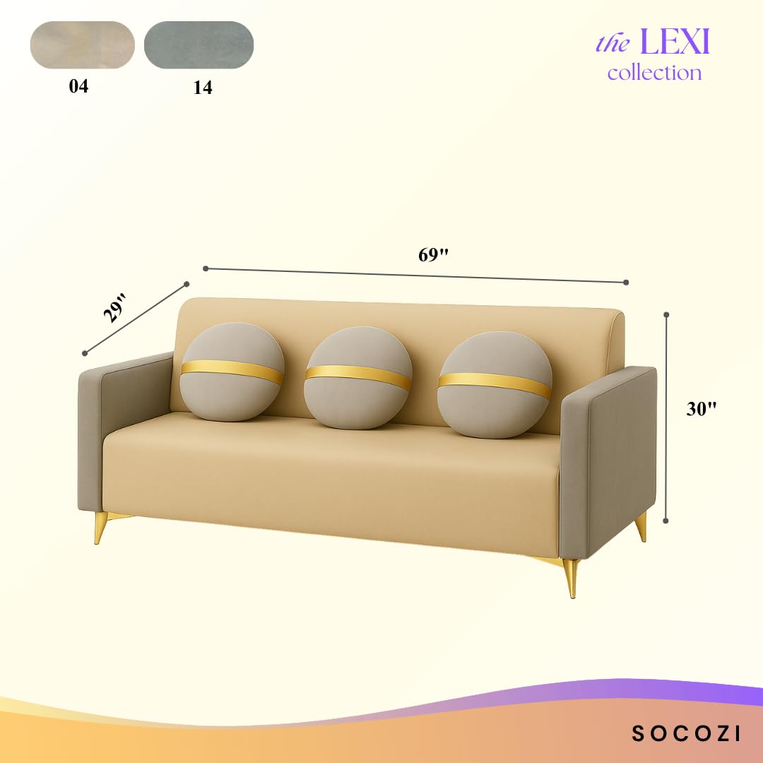 Lexica 3 Seater Sofa Set | Soft Velvet Suede Fabric | Modern Design | Plush Comfort Cushions for Living Room (Golden Stripped Cushion-Dual Cream-Light Grey) - Image 3