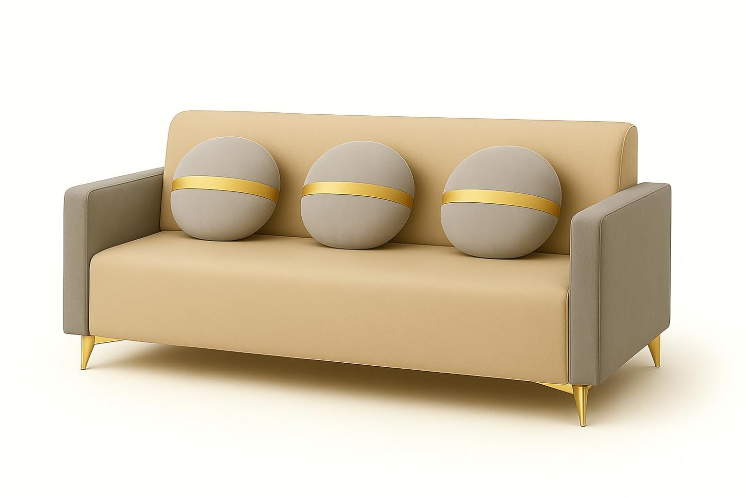 Lexica 3 Seater Sofa Set | Soft Velvet Suede Fabric | Modern Design | Plush Comfort Cushions for Living Room (Golden Stripped Cushion-Dual Cream-Light Grey) - Image 4