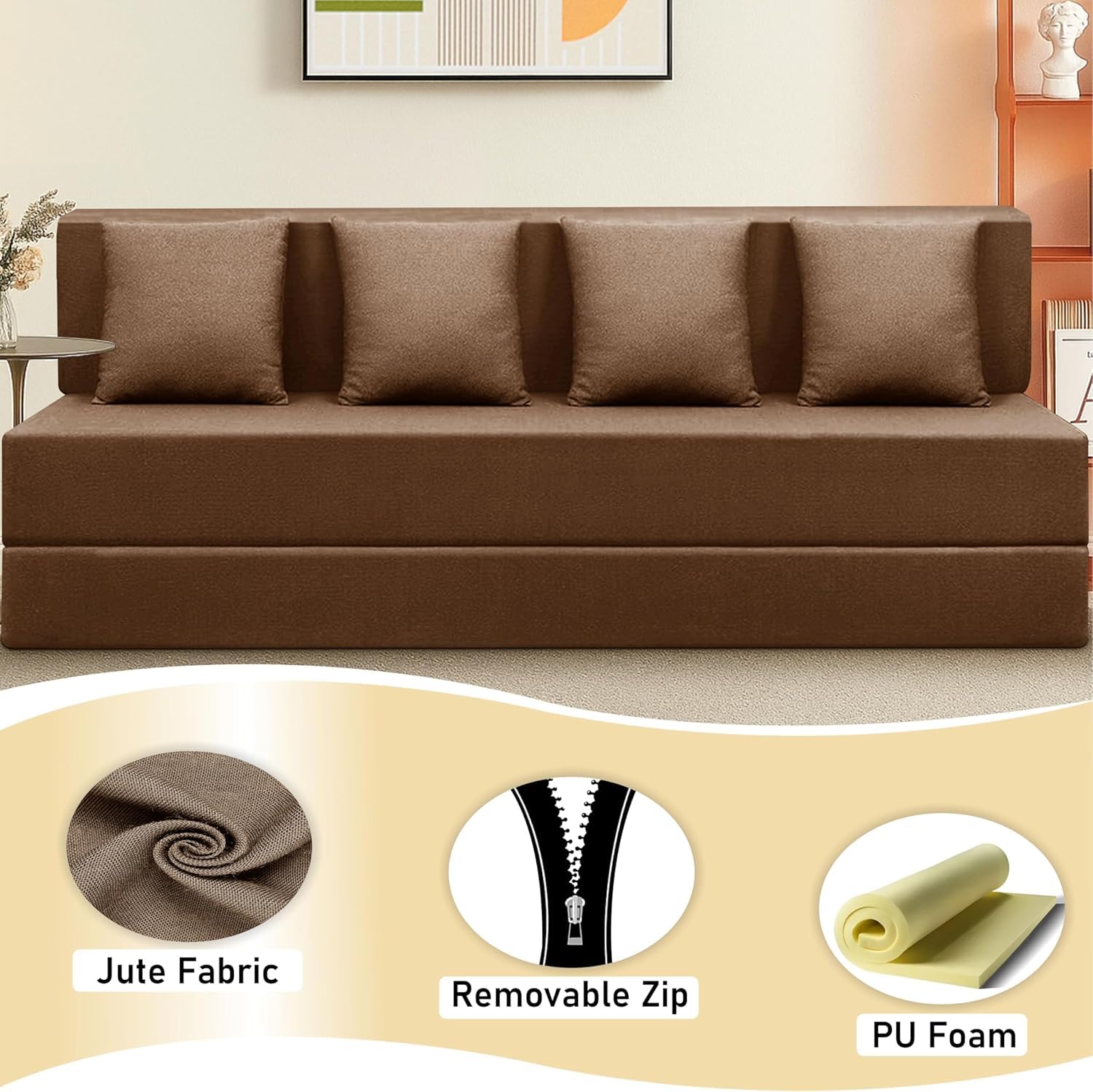 4-Seater Convertible Sofa Cum Bed (6x6 ft) with Cushions | Jute Fabric | Comfortable Sofa for Living Room & Guest Room - Brown - Image 8