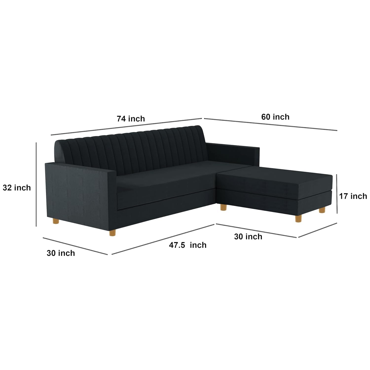 Rosebell 3 + 1 Wooden 4 Seater L Shape Velvet Sofa Set | Convertible Modular Sectional Couch for Living Room | Space-Saving Design for Home & Office - Black Color - Image 3