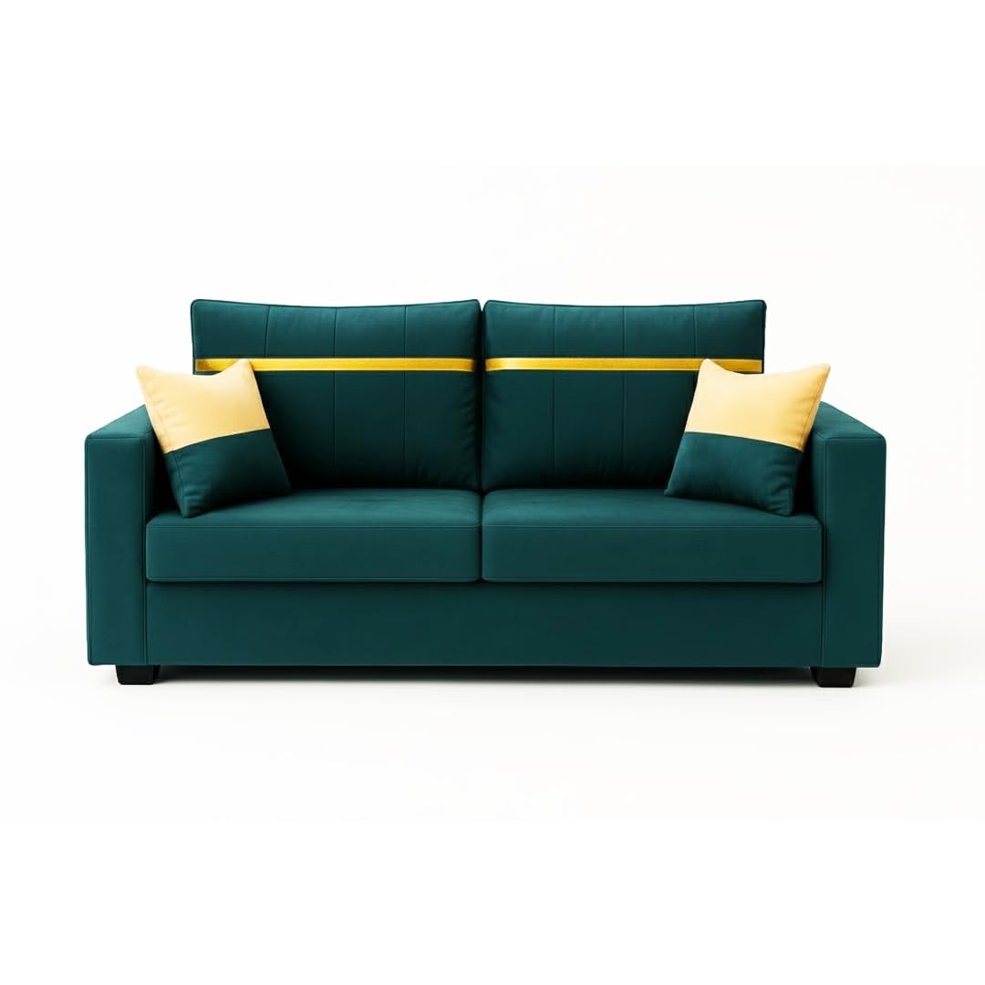 Stonvik 2 Seater Sofa Set | Soft Velvet Suede Fabric | Modern Design | Plush Comfort Cushions for Living Room (Greenish Teal, Gold Stripped Cushion) - Image 4