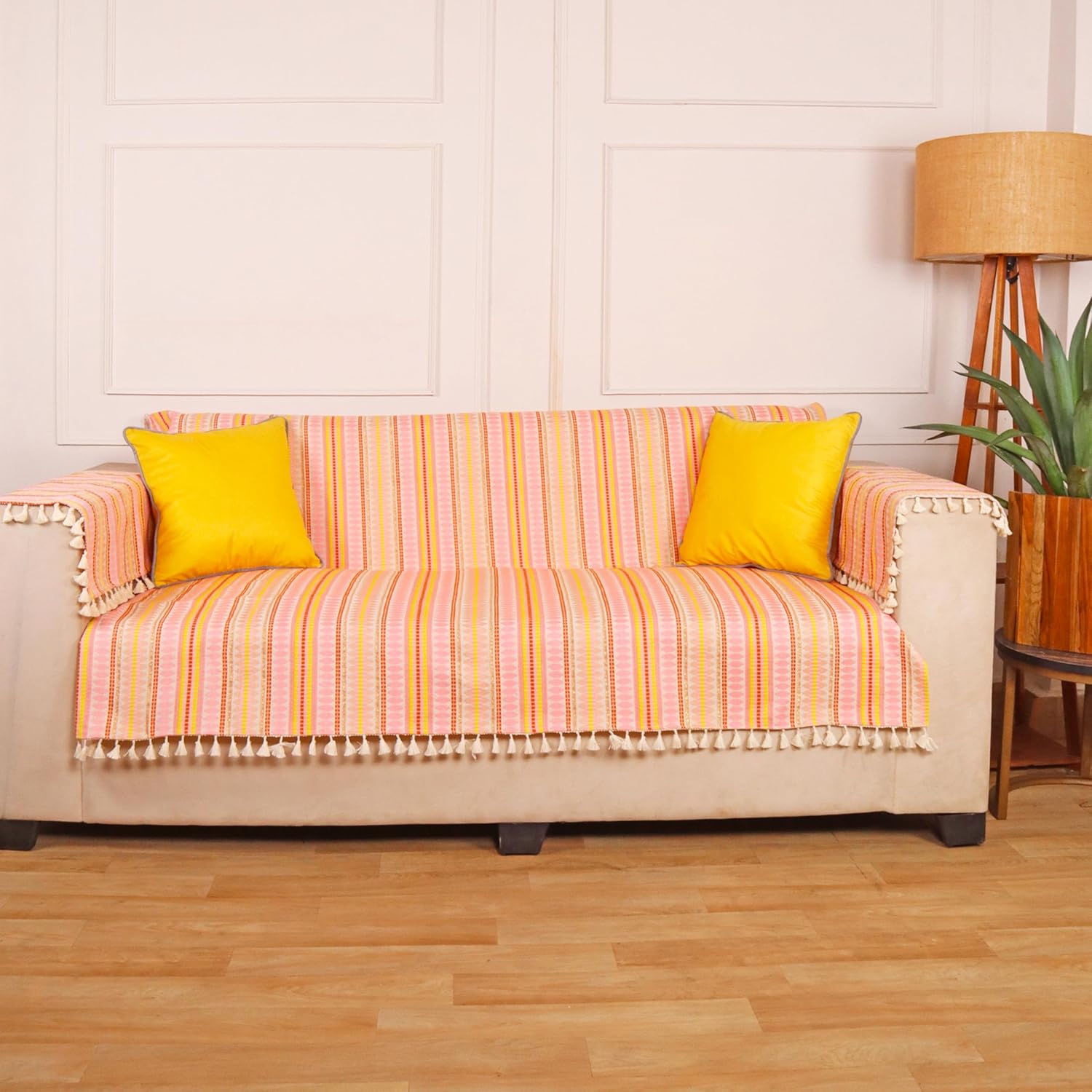 STITCHNEST Woven 3 Seater Sofa Protector with 2 Hand Rest Covers – Pink & White Stripe Design – Washable Fabric with Tassels – Stylish Sofa Cover for Modern Living Room & Furniture Décor - Image 3